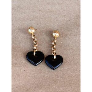 Black Onyx Heart Drop Earrings 14K Rolo Link Gold